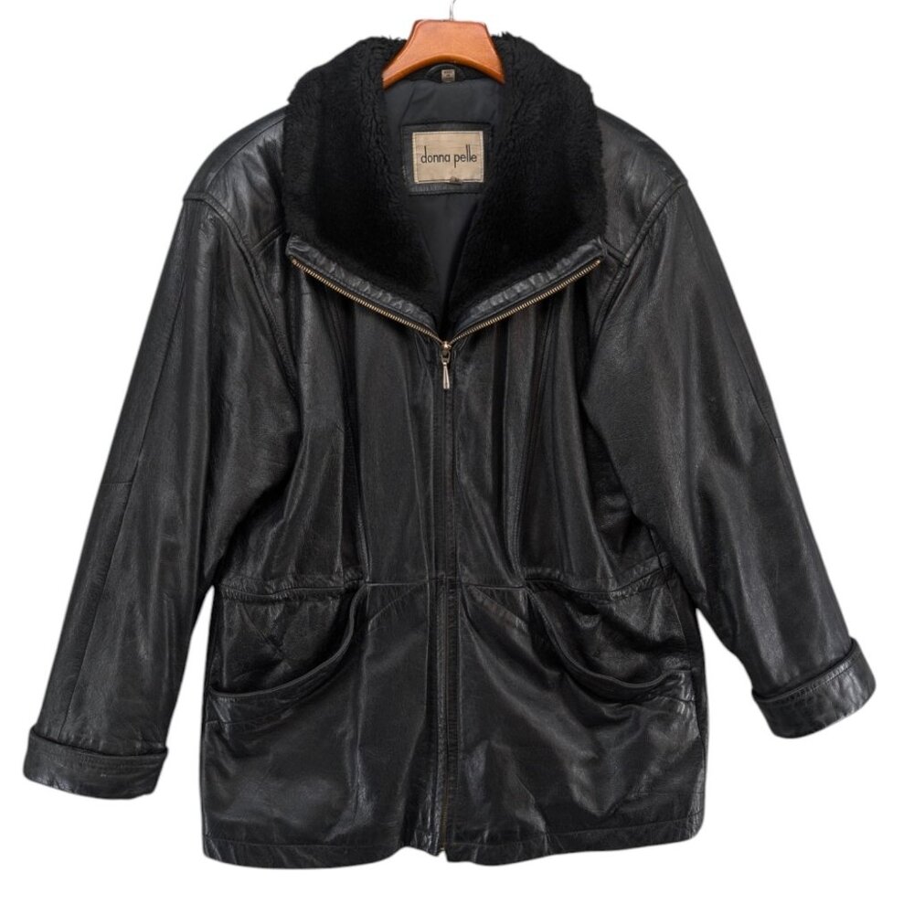 Vtg Donna Pelle Leather Jacket Womens Black Faux Fur Collar Full Zip Lined Sz M